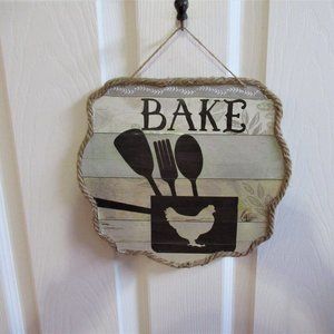 NEW Farmhouse kitchen BAKE sign chicken utensils pan 9" x 10"